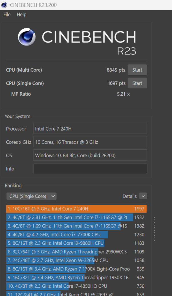 21.■■ Alienware AuroraのCPUスペックのCinecbenchでの実測結果（Single）